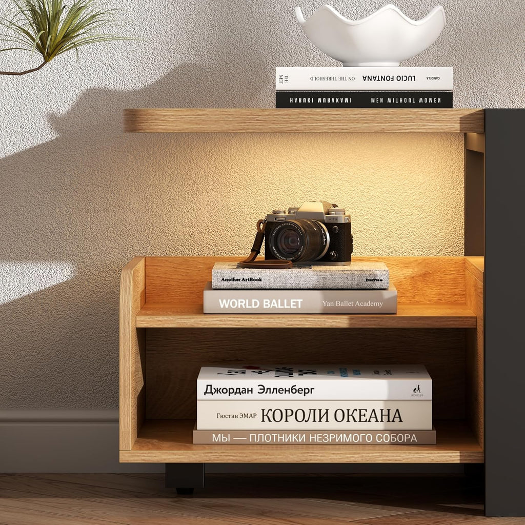 TV Stand with LED Lights and Storage cabinet for TVs up to 55"/65'', Modern Entertainment Center with Open Shelf, TV Cabinet, Media Console Table with Fluted Doors for Living Room, Bedroom, Oak