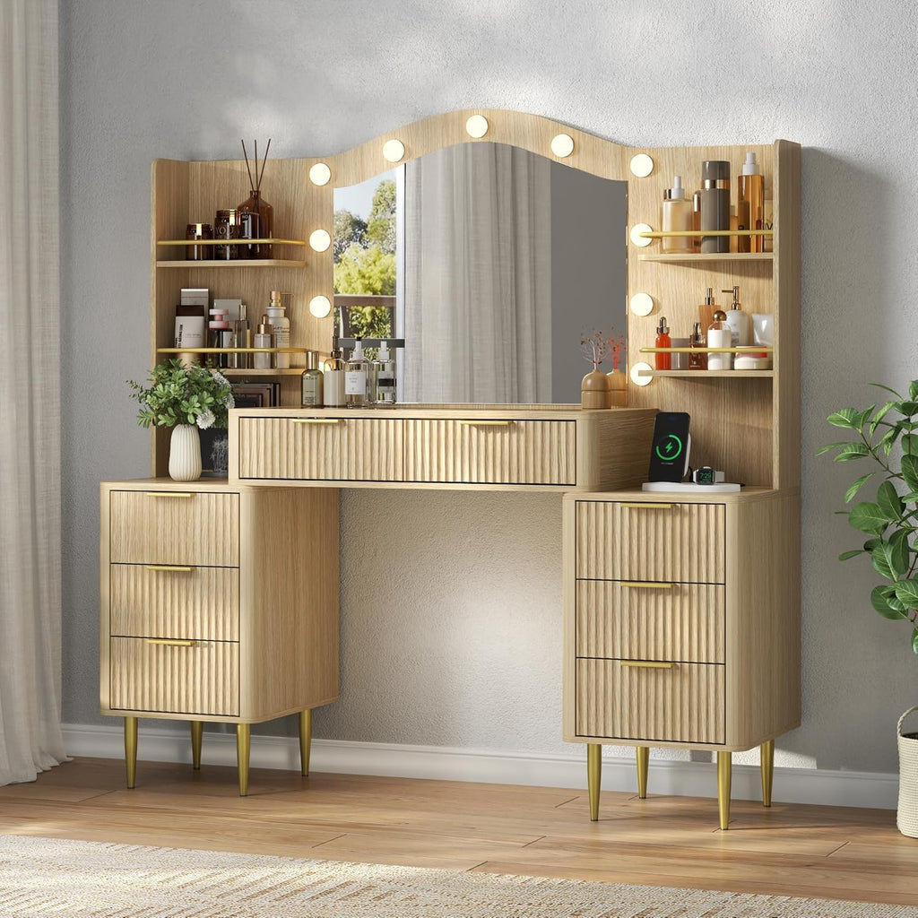 55" Big Fluted Vanity Desk with Mirror and Lights,Makeup Vanity with 8 Storage Drawers and 4 Storage Shelves,Glass Top & Power Outlet,3 Lighting Modes,Dressing Table for Women Girls Bedroom,Oak