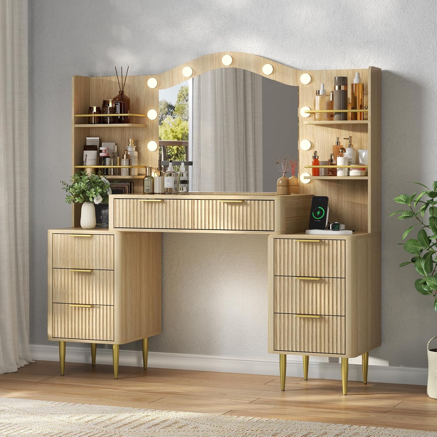 55" Big Fluted Vanity Desk with Mirror and Lights,Makeup Vanity with 8 Storage Drawers and 4 Storage Shelves,Glass Top & Power Outlet,3 Lighting Modes,Dressing Table for Women Girls Bedroom,Oak