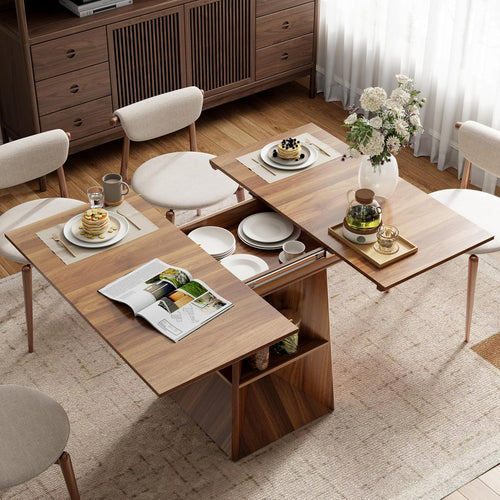 40"-54" Extendable Dining Table for 4/6/8, Modern Kitchen Table with Storage Shelf & Foot Support, Farmhouse Wood Dining Table for Living Room, Kitchen, Home, Office, Walnut