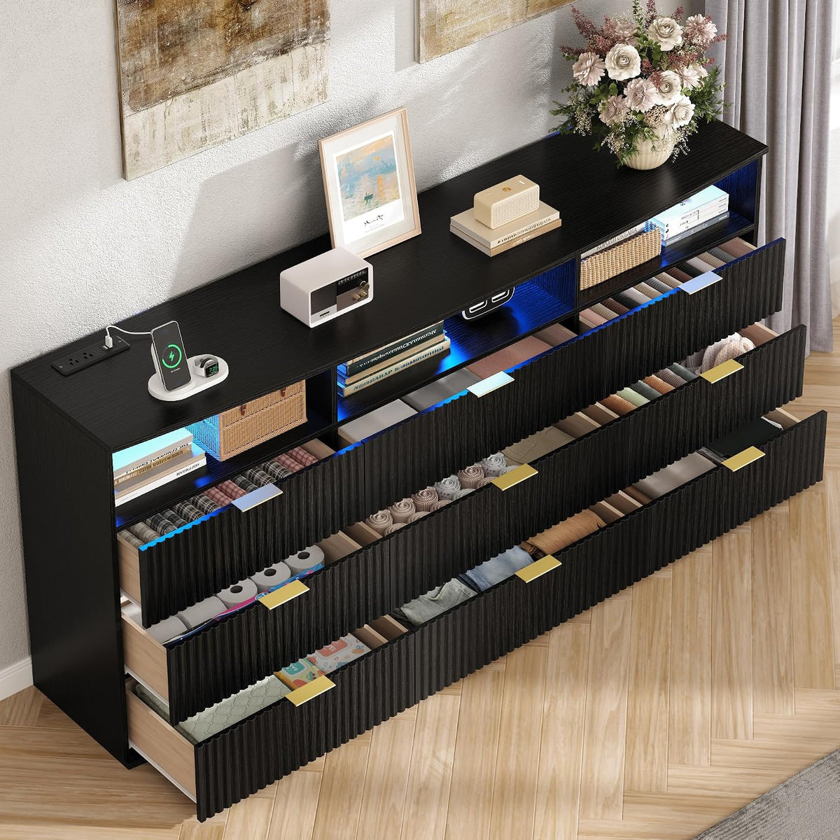 9-Drawer Dresser with 3 Open Cubbies,LED & Power Outlet for Bedroom