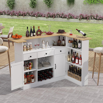 Bar Cabinet, L-Shaped Home Bar Table with Drawers and Doors, Corner Bar Unit with Stemware Racks, Liquor Wine Bar Cabinet with Storage Shelves for Home Pub