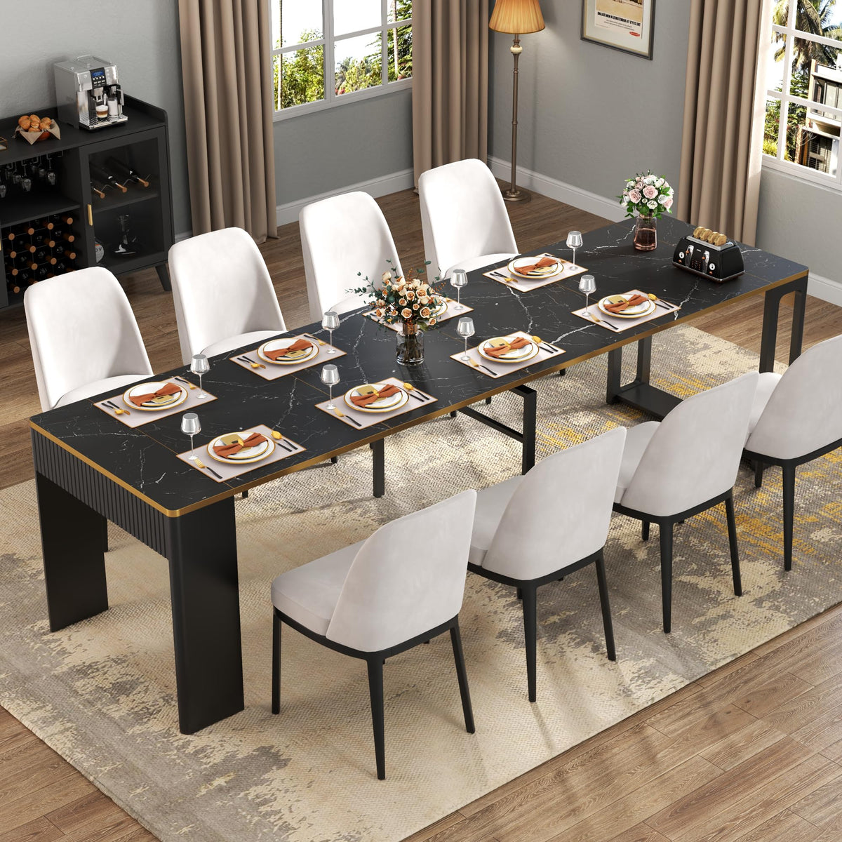 Extendable Dining Table with Charging Station, Convertible Folding Console Table for 6-8 People, Space-Saving Dining Table with LED Lights, Wood Rectangle Kitchen Table for Homes, Walnut (No Chairs)