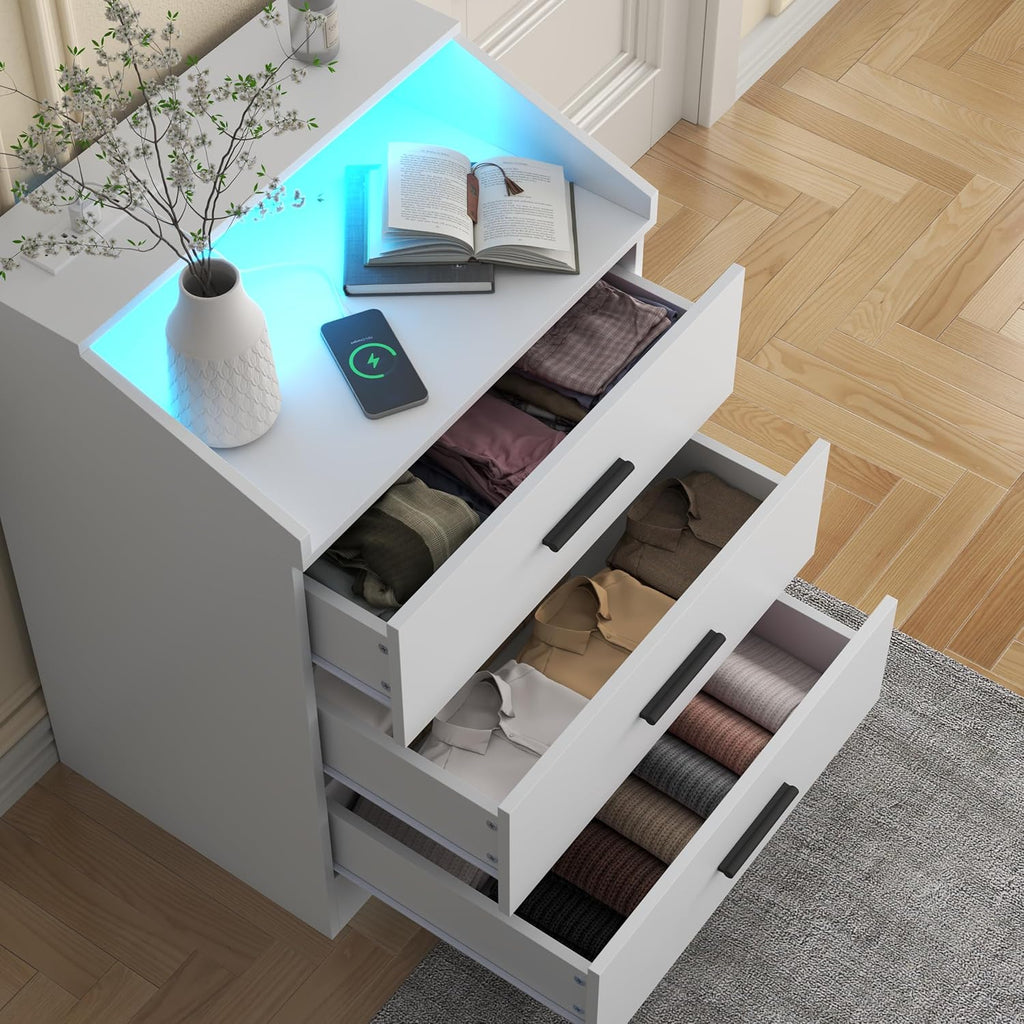 3 Drawer Dresser for Bedroom with Power Outlet, White Dresser with LED Light, Modern Dressers with Open Storage Cubby, Chest of Drawers Storage Organizer for Hallway, Living Room (White)…