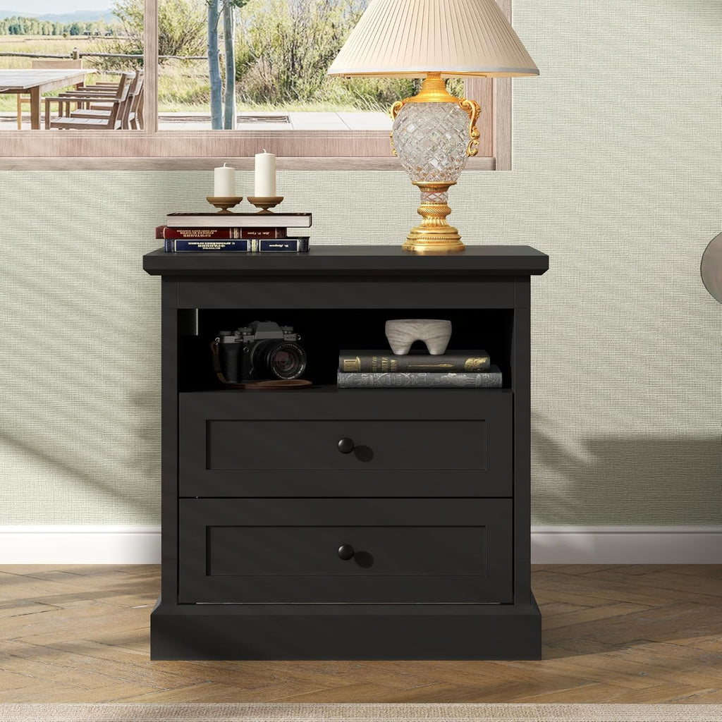 Nightstand with Hidden Storage Space, Night Stand, End Table with Side Drawer, Bedside Table with Open Shelf, 2 Drawers Dresser for Bedroom, Living Room, Closet (Black)