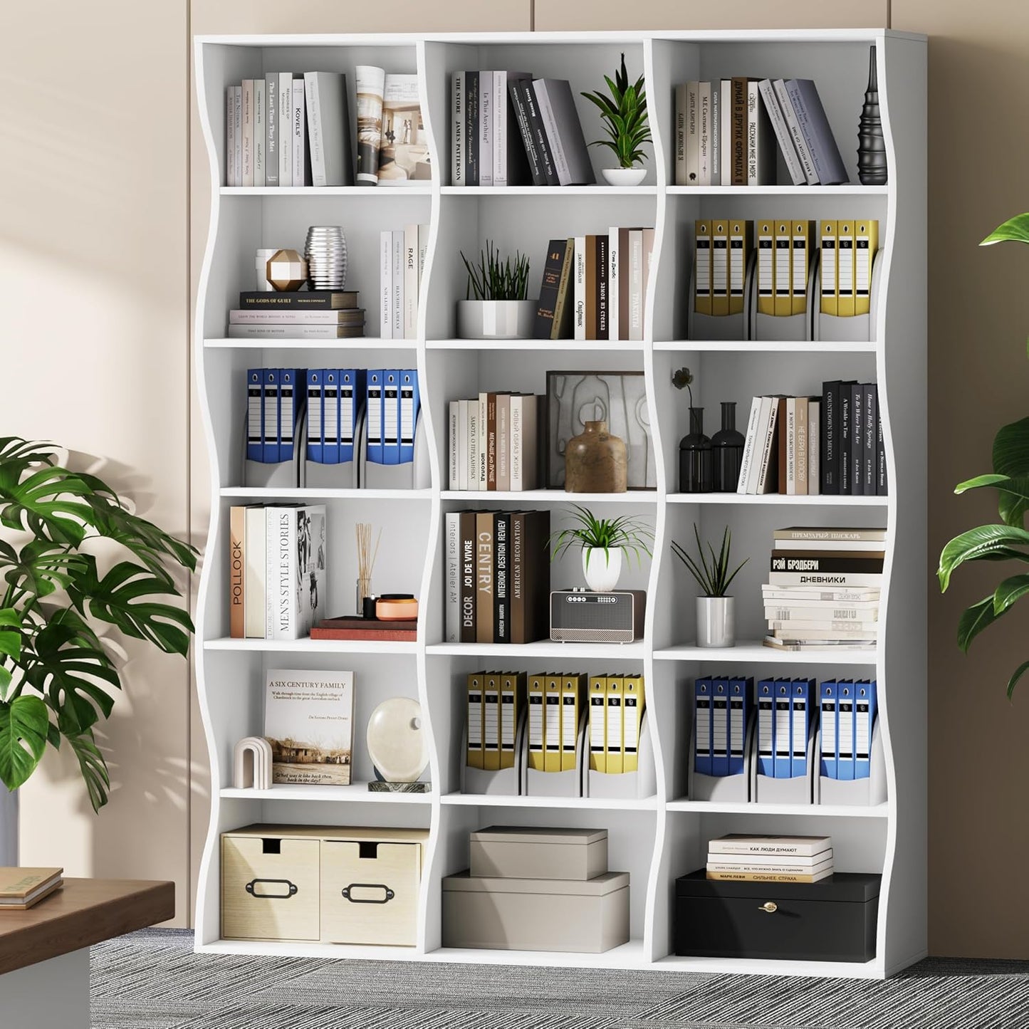 71" Triple Wide Bookshelf, 6 Tier Tall Bookcase with Storage, Large Book Shelves with 18 Open Display Shelves, White Bookcase for Living Room, Study, Home Office, Library (White)