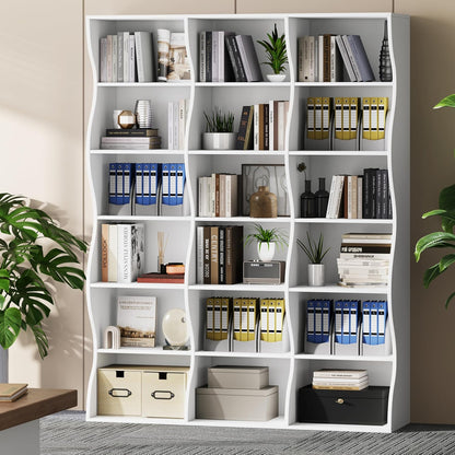 71" Triple Wide Bookshelf, 6 Tier Tall Bookcase with Storage, Large Book Shelves with 18 Open Display Shelves, White Bookcase for Living Room, Study, Home Office, Library (White)