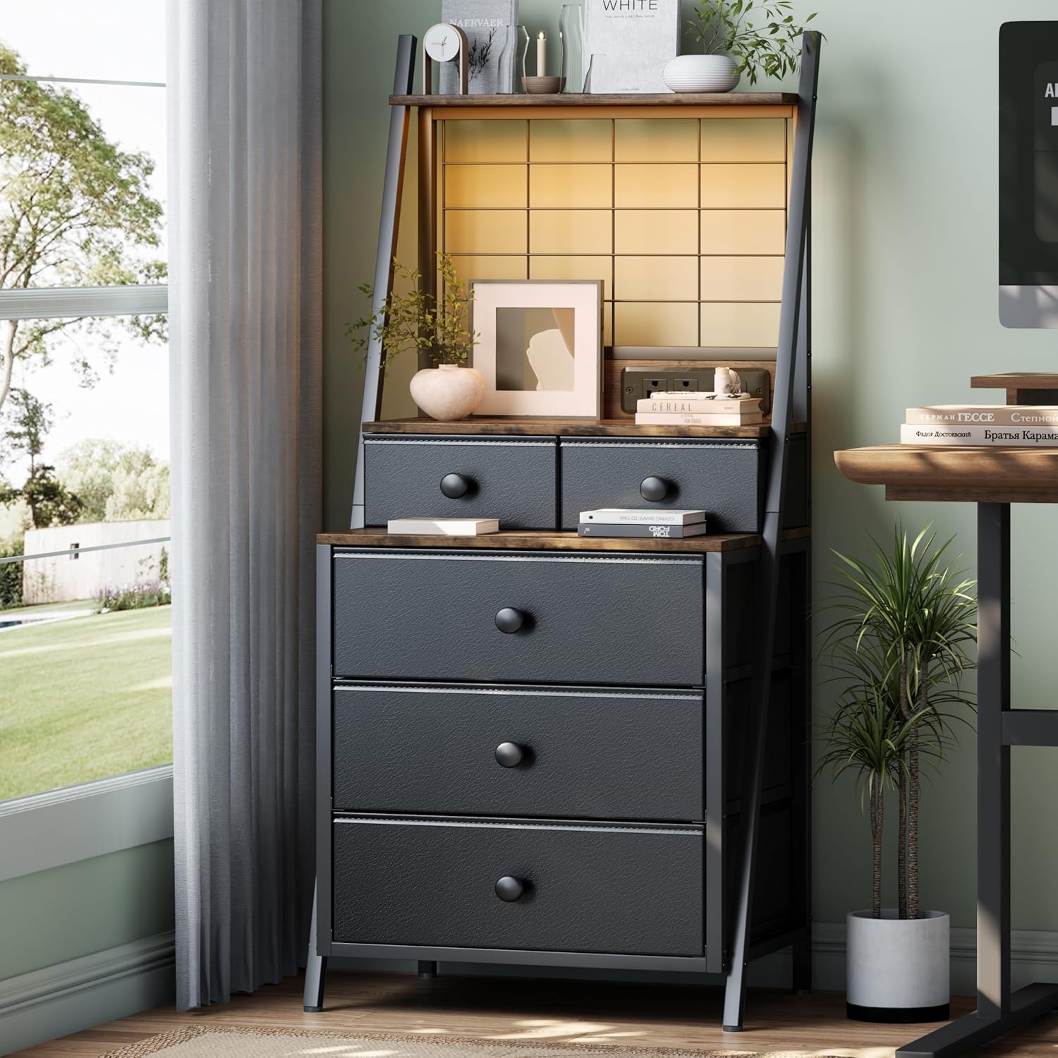 Tall Night Stand with 5 Drawers, White Nightstand with Charging Station LED Night Stand with 3-Tier Storage Shelf for Bedroom Living Room & Dorm (1, Black)