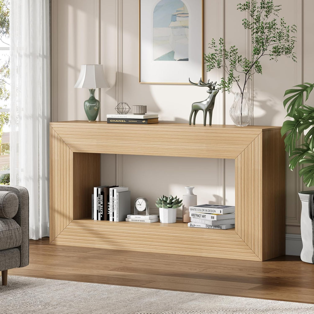 55" Console Table, 2-Tier Farmhouse Sofa Table with Storage Behind Couch, Narrow Rectangular Entryway Table for Living Room, Hallway, Entrance, Foyer, Natural