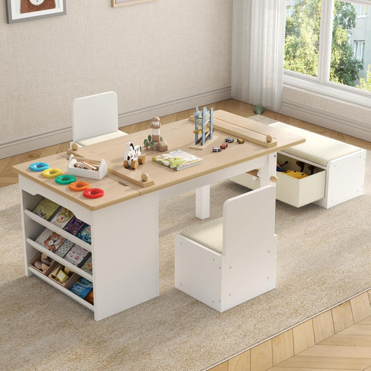 3 in 1 Kids Art Table and Chair Set, Art Desk & Easel w/ Storage Shelves, Drawers, Paint Cups, Paper Roll, Toddler Table and Chair Set w/ Bench & 2 Chairs for Draw, Write, Play, Crafts (Light Walnut)