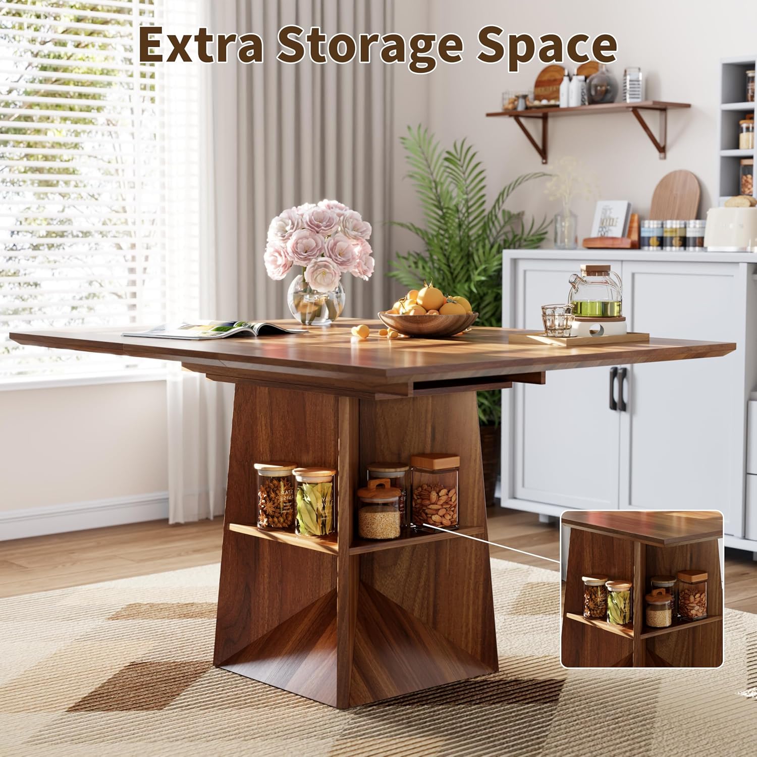 40"-54" Extendable Dining Table for 4/6/8, Modern Kitchen Table with Storage Shelf & Foot Support, Farmhouse Wood Dining Table for Living Room, Kitchen, Home, Office, Walnut