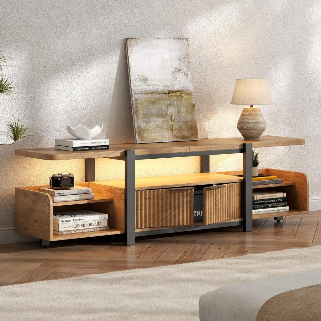 TV Stand with LED Lights and Storage cabinet for TVs up to 55"/65'', Modern Entertainment Center with Open Shelf, TV Cabinet, Media Console Table with Fluted Doors for Living Room, Bedroom, Oak