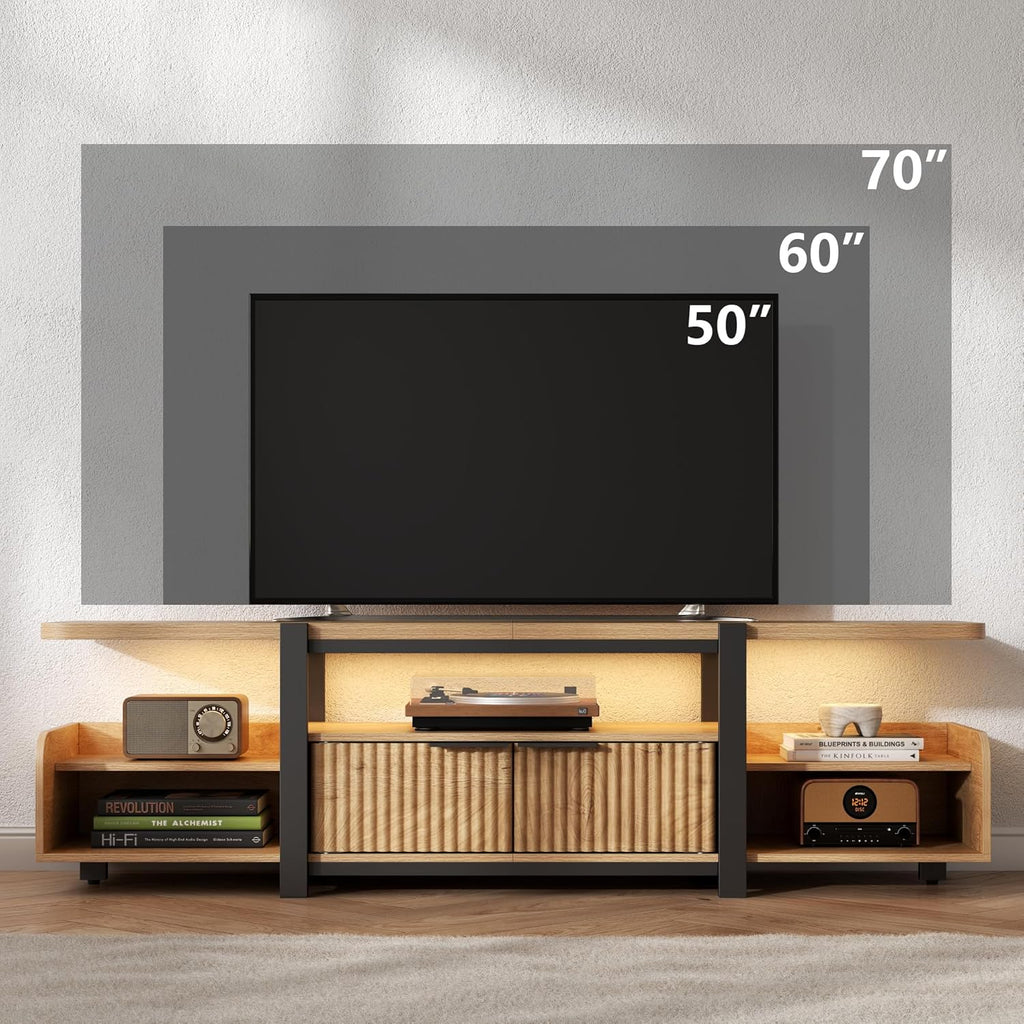 TV Stand with LED Lights and Storage cabinet for TVs up to 55"/65'', Modern Entertainment Center with Open Shelf, TV Cabinet, Media Console Table with Fluted Doors for Living Room, Bedroom, Oak