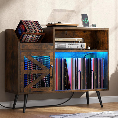 Record Player Stand Holds Up to 350 Albums, Turntable Stand with LED Light, Records Storage Cabinet with Power Outlet, Record Player Table with Vinyl Storage(Brown)