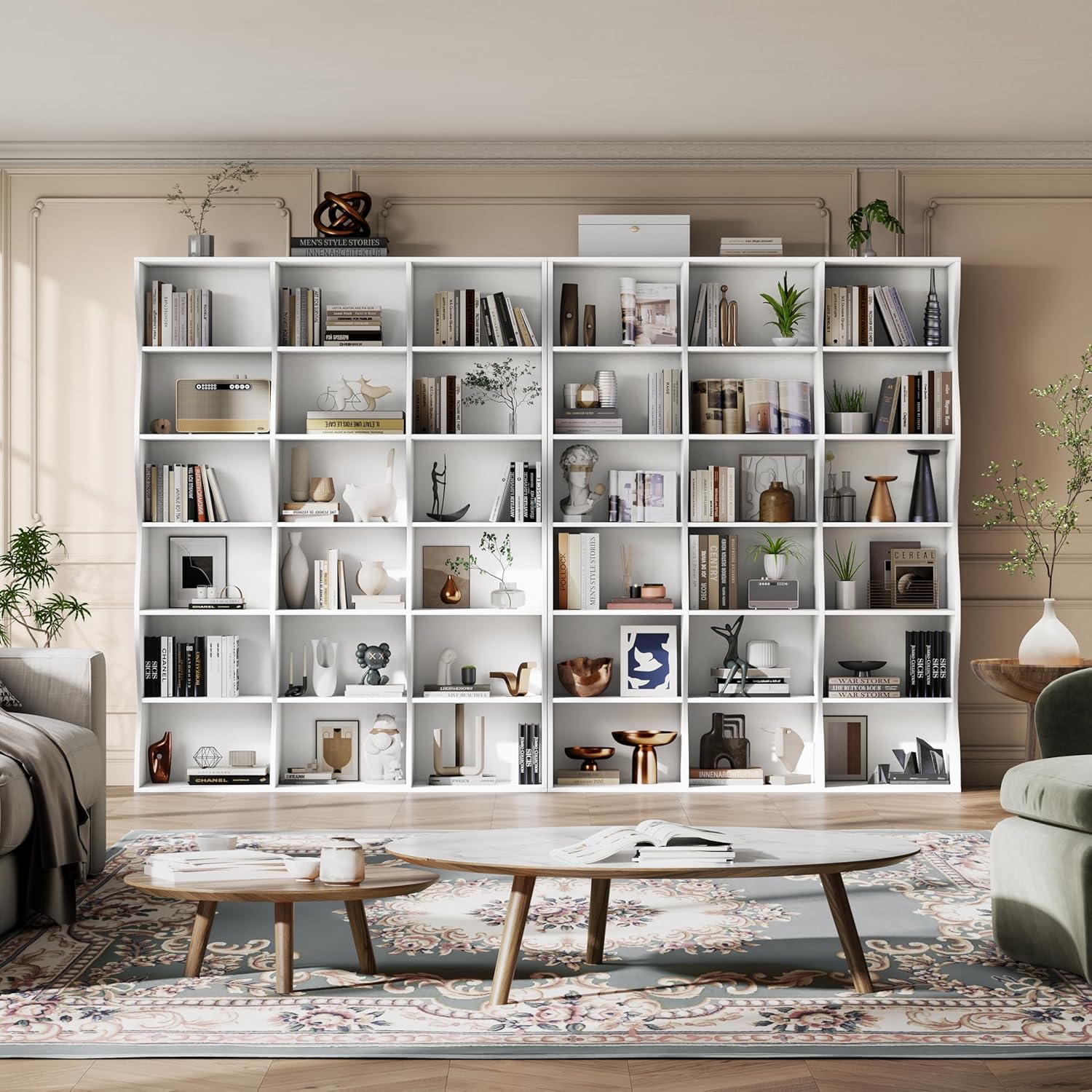 71" Triple Wide Bookshelf, 6 Tier Tall Bookcase with Storage, Large Book Shelves with 18 Open Display Shelves, White Bookcase for Living Room, Study, Home Office, Library (White)