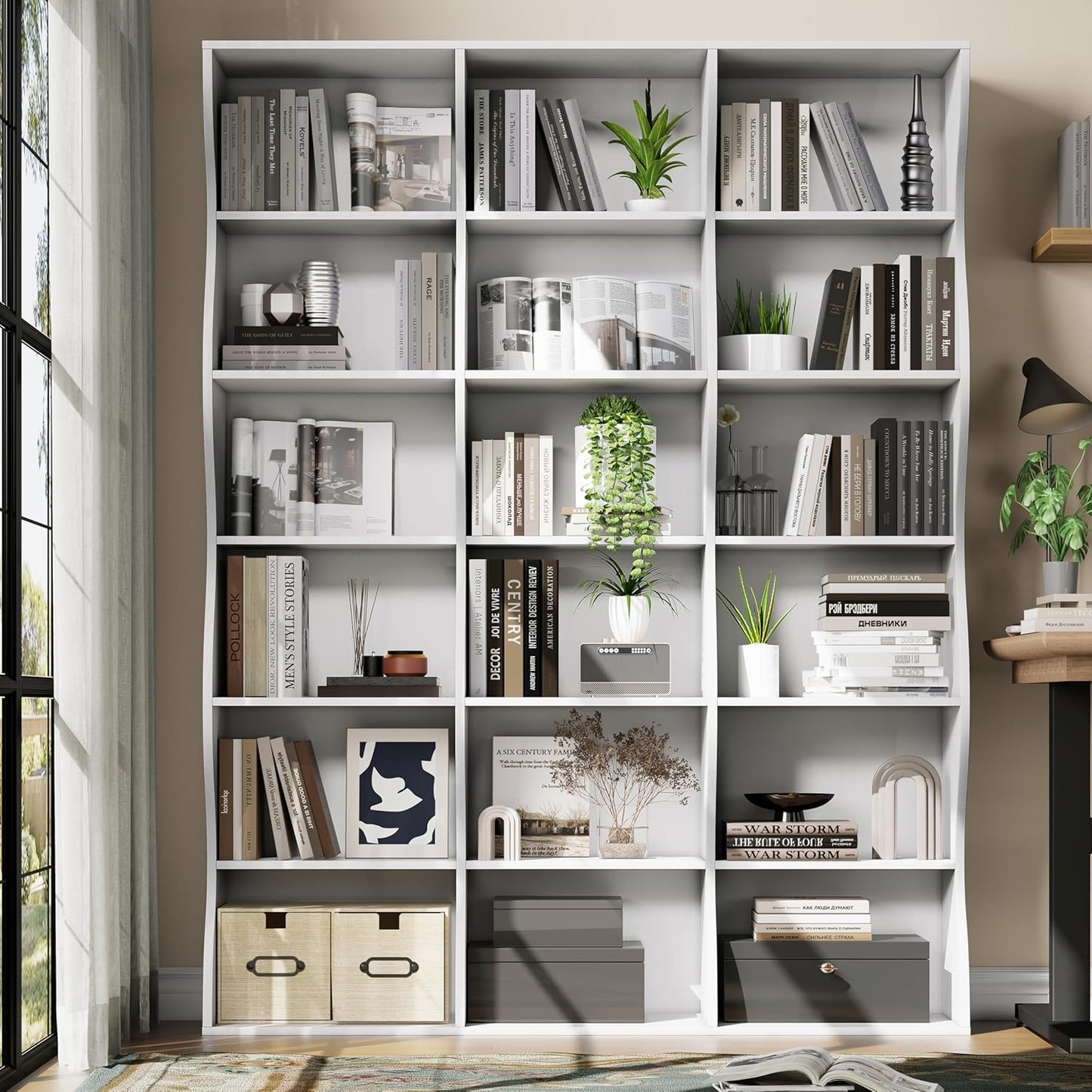 71" Triple Wide Bookshelf, 6 Tier Tall Bookcase with Storage, Large Book Shelves with 18 Open Display Shelves, White Bookcase for Living Room, Study, Home Office, Library (White)