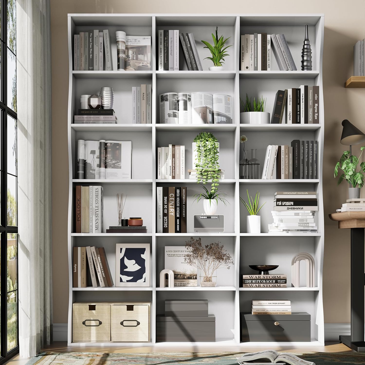 71" Triple Wide Bookshelf, 6 Tier Tall Bookcase with Storage, Large Book Shelves with 18 Open Display Shelves, White Bookcase for Living Room, Study, Home Office, Library (White)