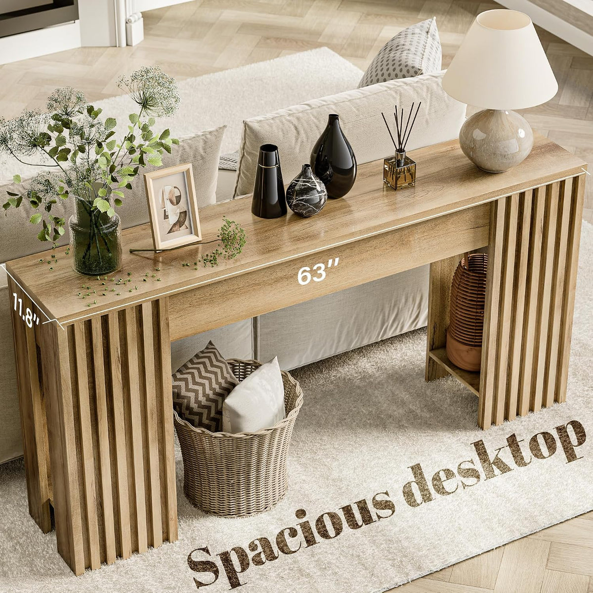 63" Fluted Long Console Table, Farmhouse Entryway Table with Storage Shelf