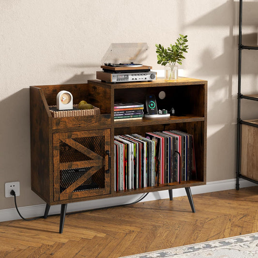 Record Player Stand Holds Up to 350 Albums, Turntable Stand with LED Light, Records Storage Cabinet with Power Outlet, Record Player Table with Vinyl Storage(Brown)