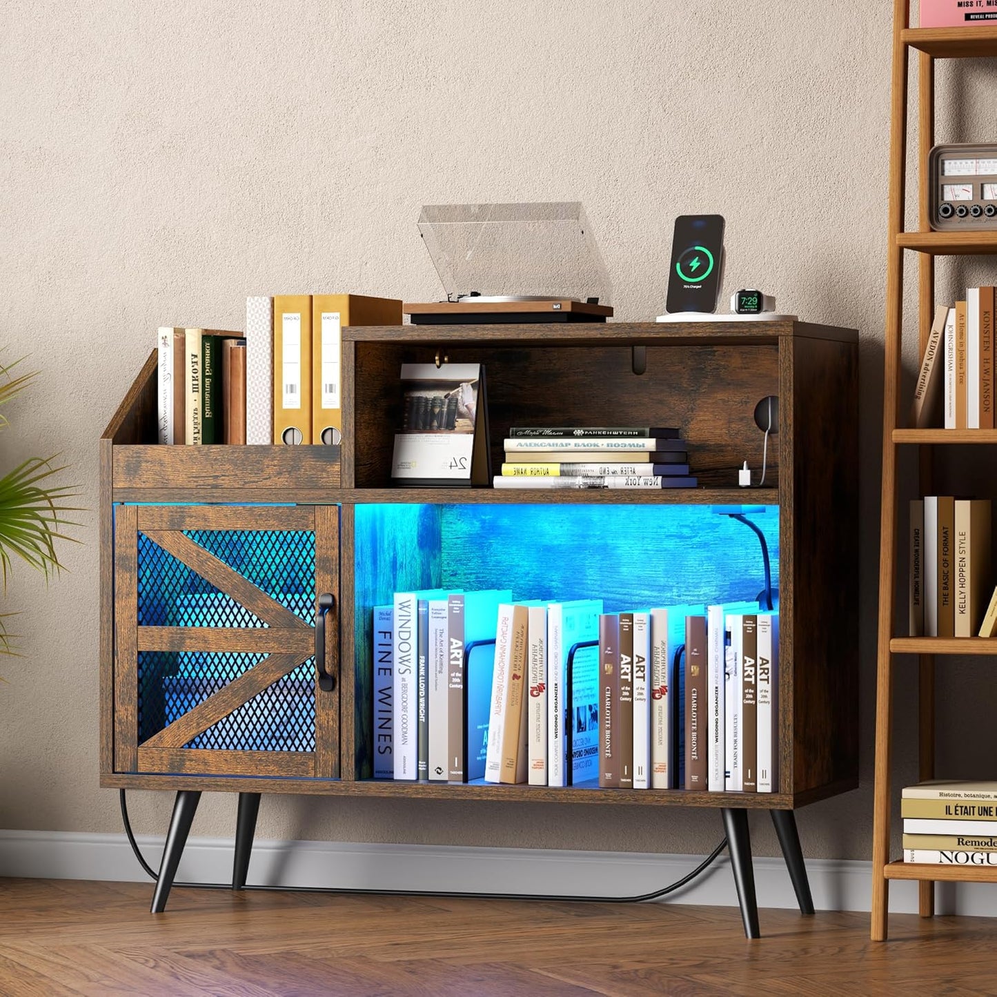 Record Player Stand Holds Up to 350 Albums, Turntable Stand with LED Light, Records Storage Cabinet with Power Outlet, Record Player Table with Vinyl Storage(Brown)