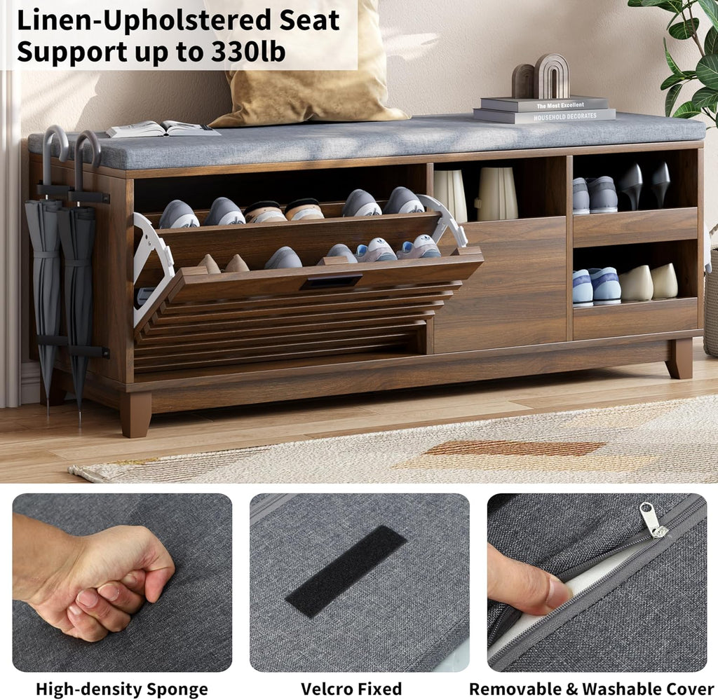 2-Tier Shoe Storage Bench,47" Entryway Bench with 2 Flip Drawers & Padded Seat Cushion, Walnut Shoe Bench with Adjustable Shelves & Sliding Doors,Storage Bench for Entryway,Hallway,Bedroom