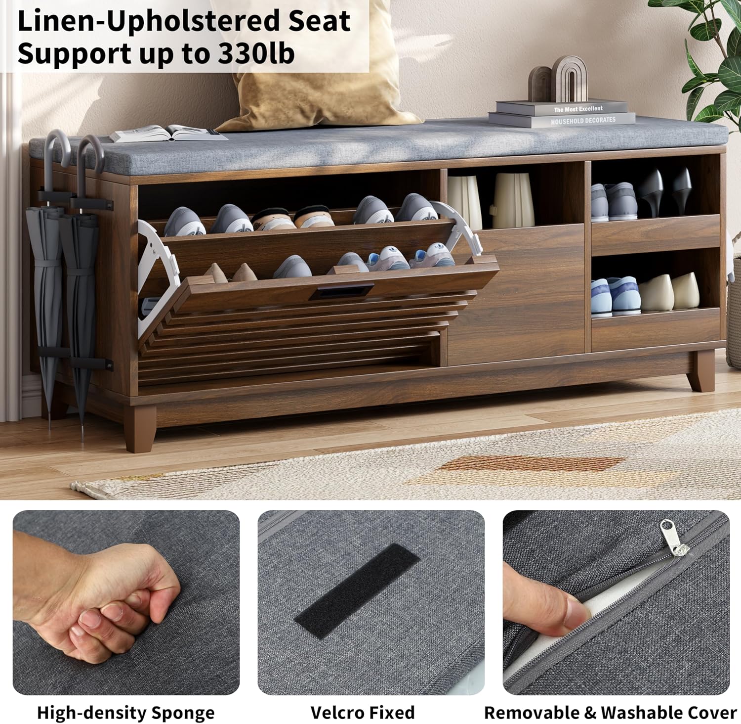 2-Tier Shoe Storage Bench,47" Entryway Bench with 2 Flip Drawers & Padded Seat Cushion, Walnut Shoe Bench with Adjustable Shelves & Sliding Doors,Storage Bench for Entryway,Hallway,Bedroom