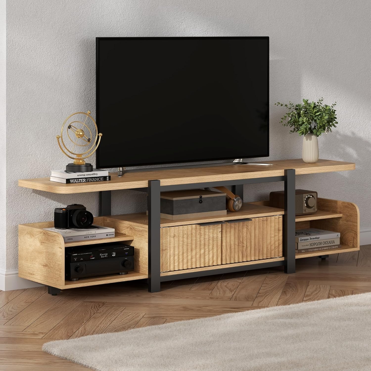 TV Stand with LED Lights and Storage cabinet for TVs up to 55"/65'', Modern Entertainment Center with Open Shelf, TV Cabinet, Media Console Table with Fluted Doors for Living Room, Bedroom, Oak