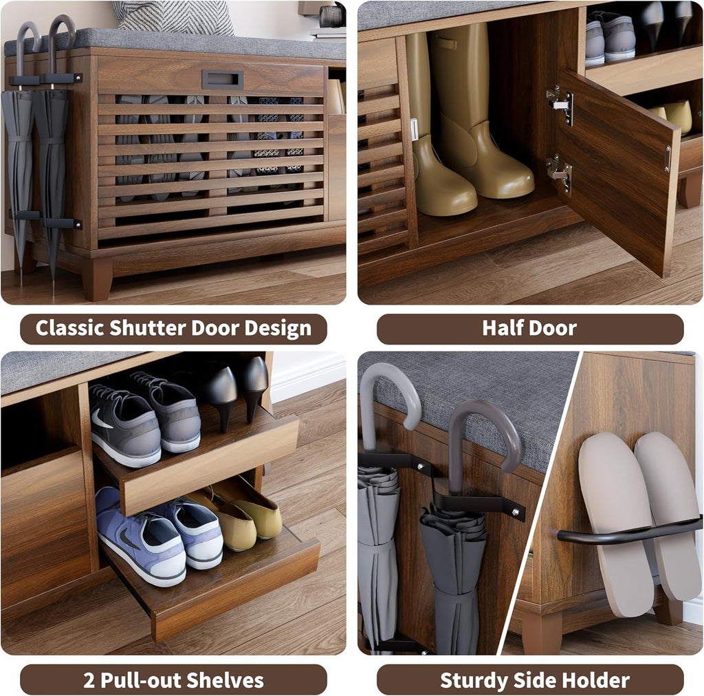 2-Tier Shoe Storage Bench,47" Entryway Bench with 2 Flip Drawers & Padded Seat Cushion, Walnut Shoe Bench with Adjustable Shelves & Sliding Doors,Storage Bench for Entryway,Hallway,Bedroom