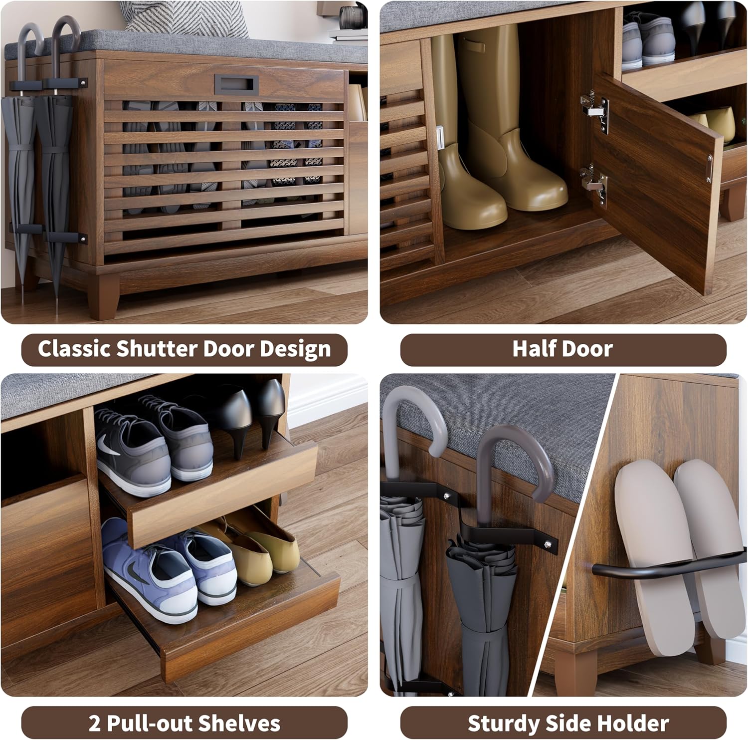 2-Tier Shoe Storage Bench,47" Entryway Bench with 2 Flip Drawers & Padded Seat Cushion, Walnut Shoe Bench with Adjustable Shelves & Sliding Doors,Storage Bench for Entryway,Hallway,Bedroom