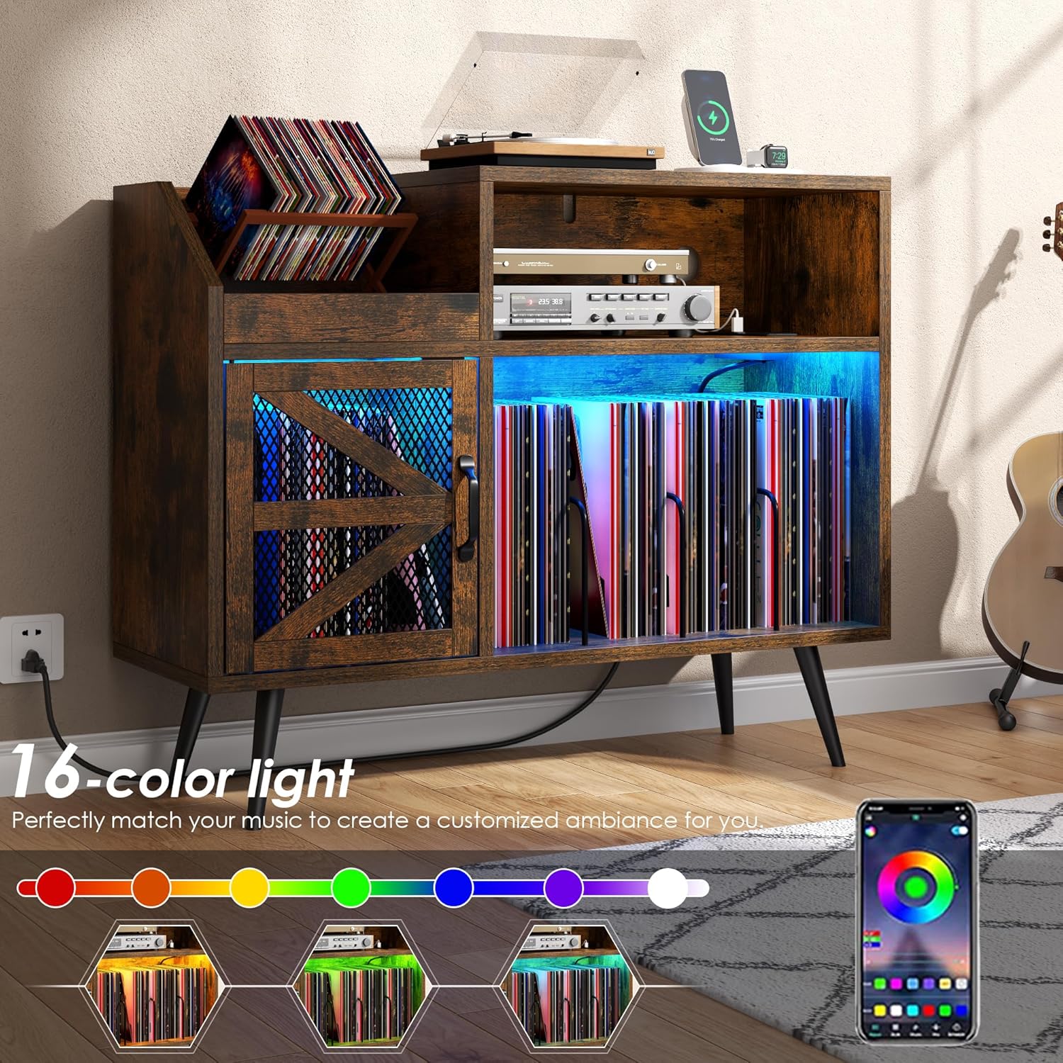 Record Player Stand Holds Up to 350 Albums, Turntable Stand with LED Light, Records Storage Cabinet with Power Outlet, Record Player Table with Vinyl Storage(Brown)