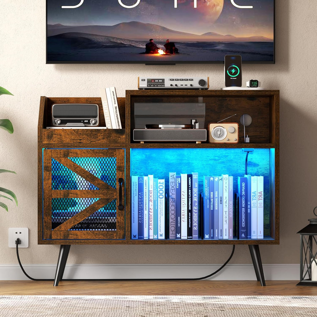 Record Player Stand Holds Up to 350 Albums, Turntable Stand with LED Light, Records Storage Cabinet with Power Outlet, Record Player Table with Vinyl Storage(Brown)