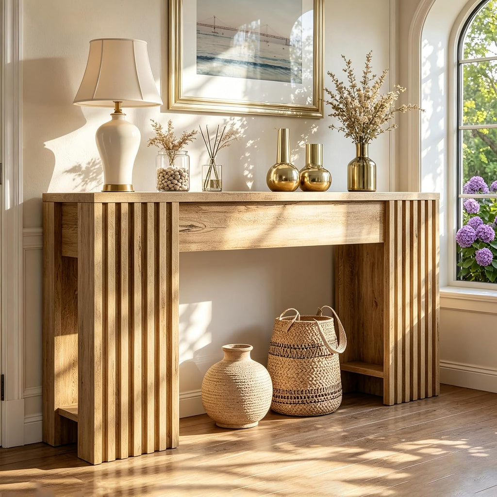 63" Fluted Long Console Table, Farmhouse Entryway Table with Storage Shelf