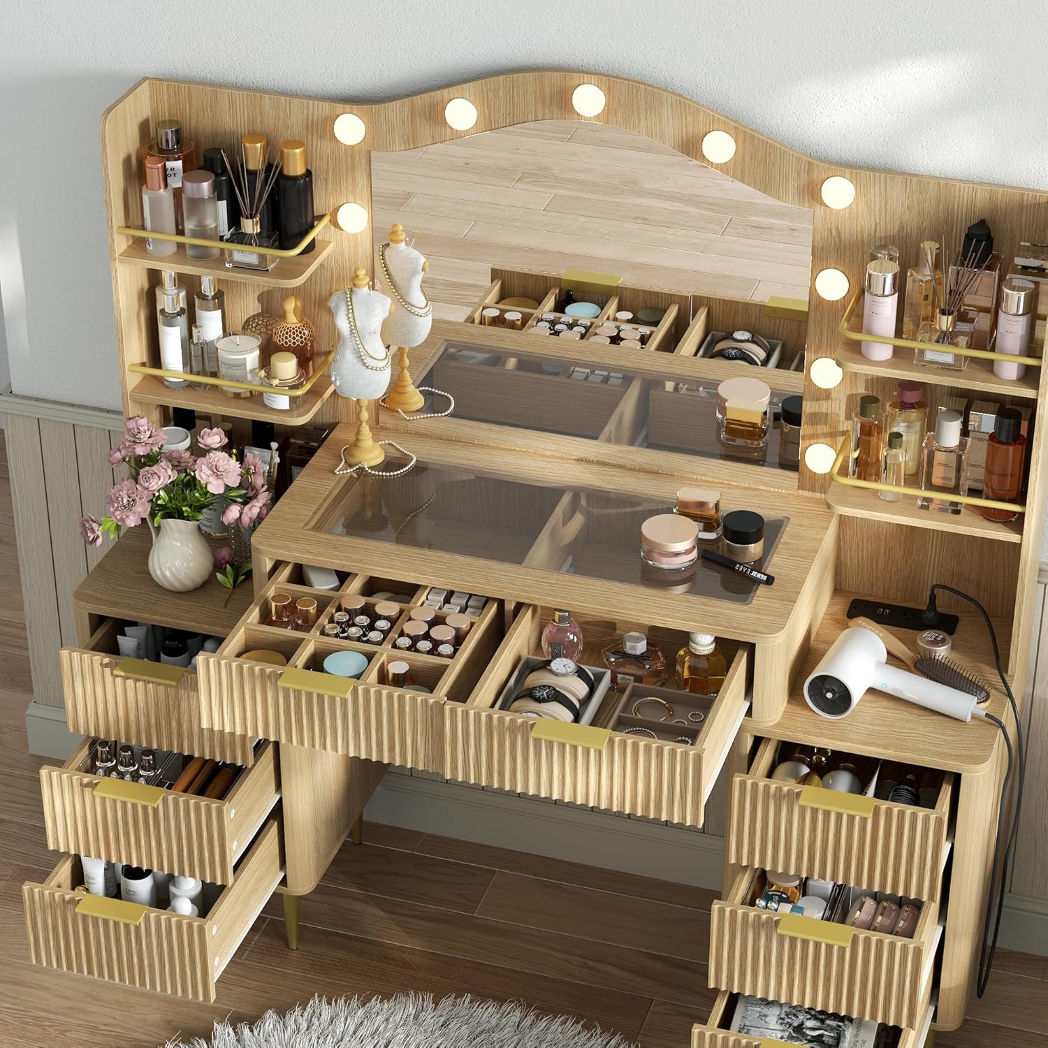 55" Big Fluted Vanity Desk with Mirror and Lights,Makeup Vanity with 8 Storage Drawers and 4 Storage Shelves,Glass Top & Power Outlet,3 Lighting Modes,Dressing Table for Women Girls Bedroom,Oak