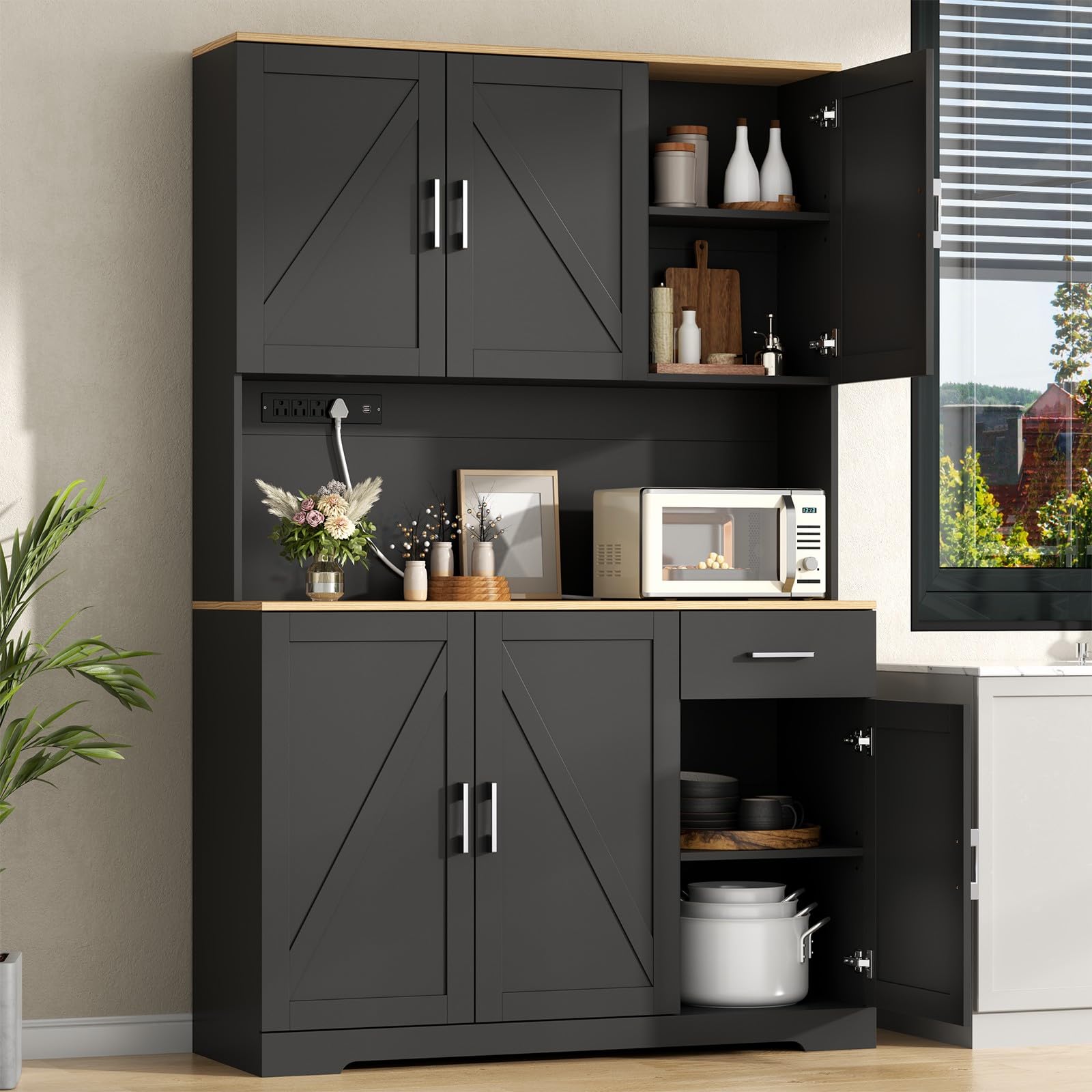 71’’ Farmhouse Kitchen Pantry Cabinet, Tall Storage Cabinet with Power Outlet