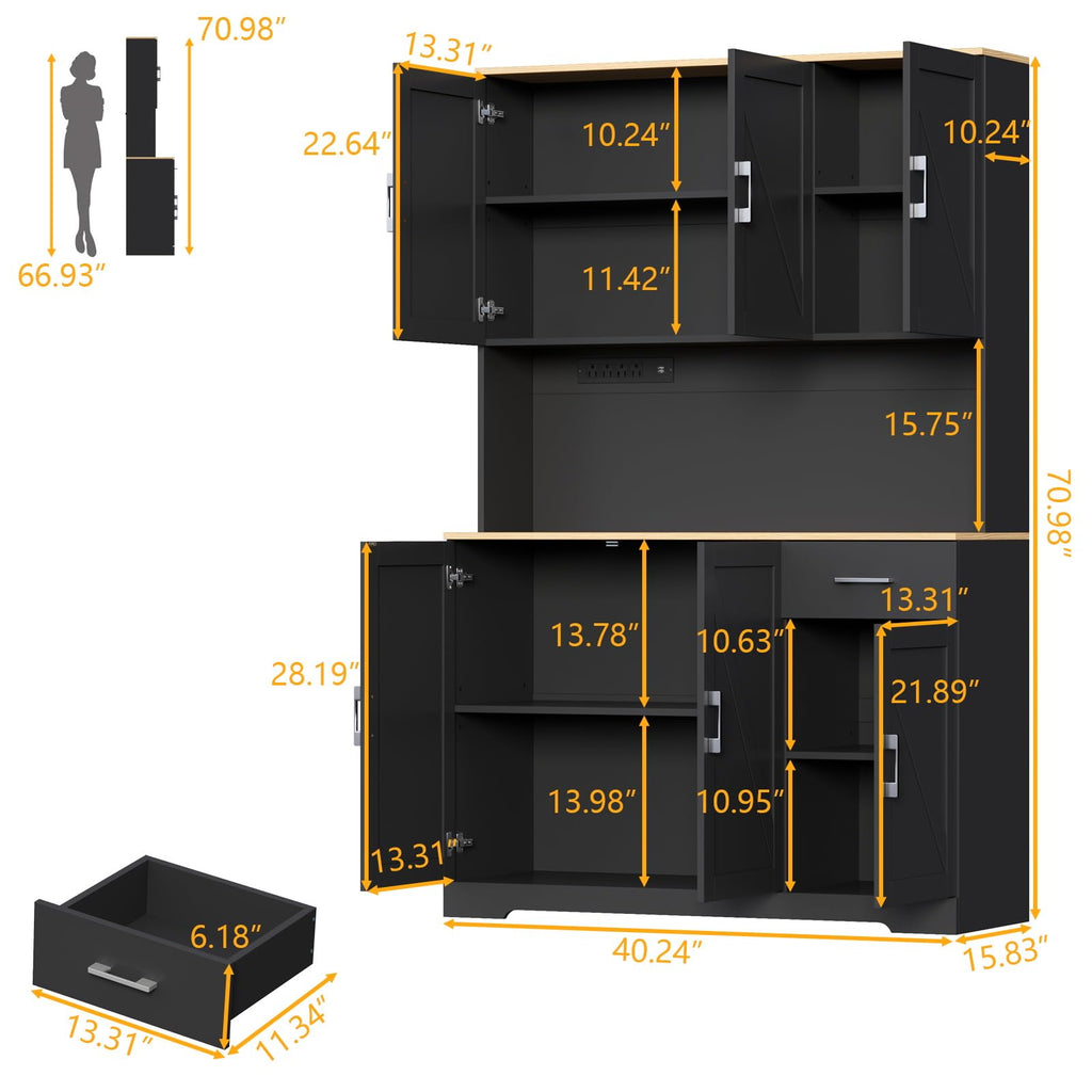 71’’ Farmhouse Kitchen Pantry Cabinet, Tall Storage Cabinet with Power Outlet