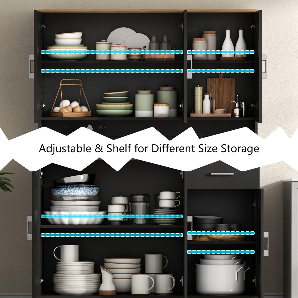 71’’ Farmhouse Kitchen Pantry Cabinet, Tall Storage Cabinet with Power Outlet