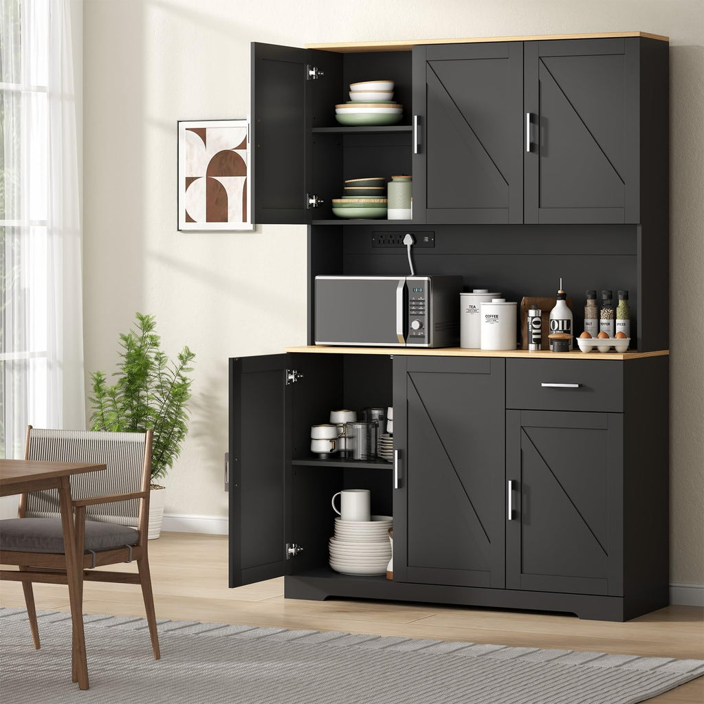 71’’ Farmhouse Kitchen Pantry Cabinet, Tall Storage Cabinet with Power Outlet
